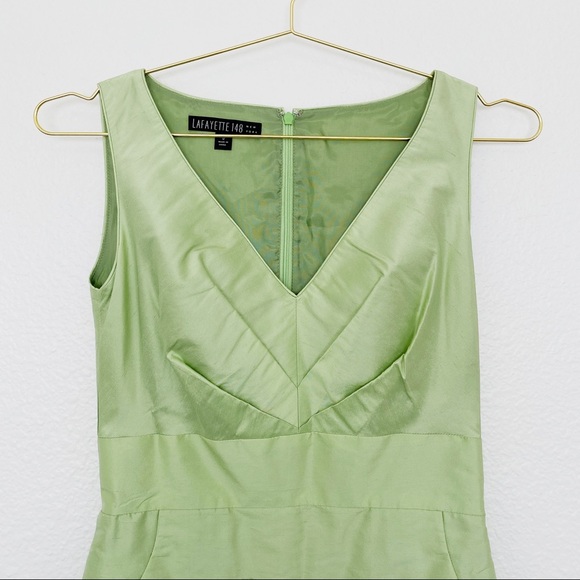 LAFAYETTE 148 NY Green Silk V-Neck Dress SZ 0 - Picture 3 of 5